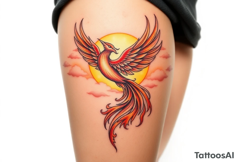 magnificent  phoenix rising from flames with trailing embers  and golden sunset and sky with puffy clouds and heaven backdrop tattoo idea