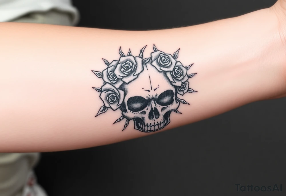 ornate skull adorned with crown of wild roses and thorns tattoo idea