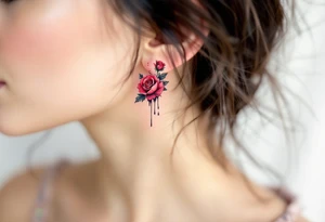 Tiny roses with dripping ink style, done in dark crimson and black, placed behind the ear. tattoo idea