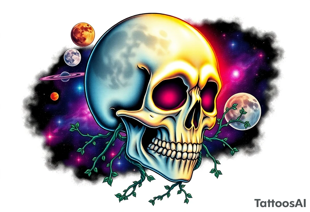 gothic skull as the moon and life as the sun. intertwined with climbing  vines as space dust connecting planets and galaxy in background of skull really bright colors used for the planets and stars shade's of Purple, Blue and black as the backdrop for galaxy tattoo idea