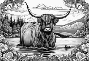 Nessie with a highland cow on its back tattoo idea