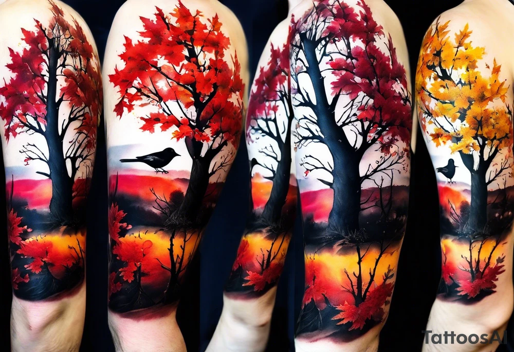 trash polka style. Arm tattoo. Long tattoo. Full sleeve. Shoulder. A single large maple tree with red autumn leaves that branches upwards from wrist to shoulder. White-throated dipper bird on the trees branches. Calluna flowers at the base of the trees stem. Tree stem has dark colors. Red/yellow sunset behind the trees stem. Leaves falling. tattoo idea