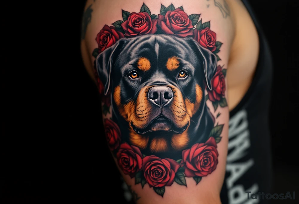 Rottweiler with Rose Wreath – A calm Rottweiler portrait surrounded by red and deep burgundy roses. Use full color with high contrast between the dark fur and bright petals. tattoo idea