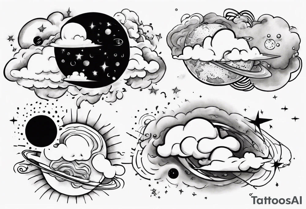 a cloud with planets and the date 12.08.05 tattoo idea