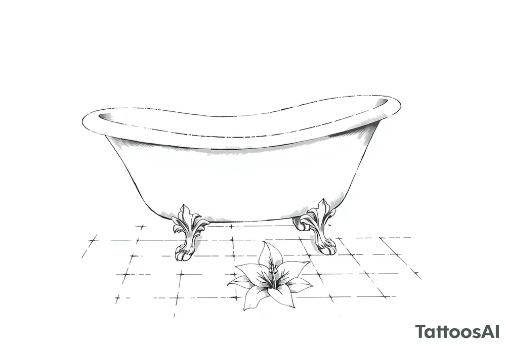 Clawfoot bathtub with lily coming up from tile floor tattoo idea