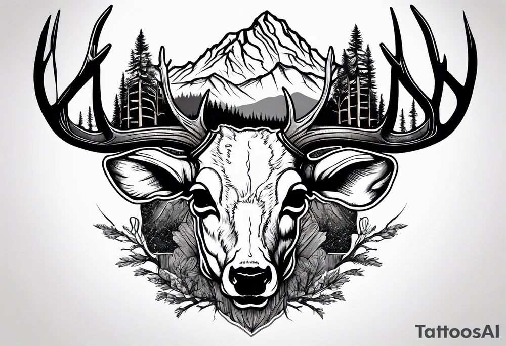 deer skull mountain trees tattoo idea