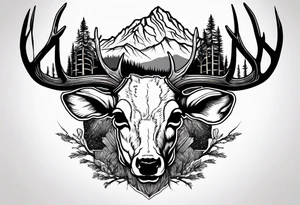 deer skull mountain trees tattoo idea