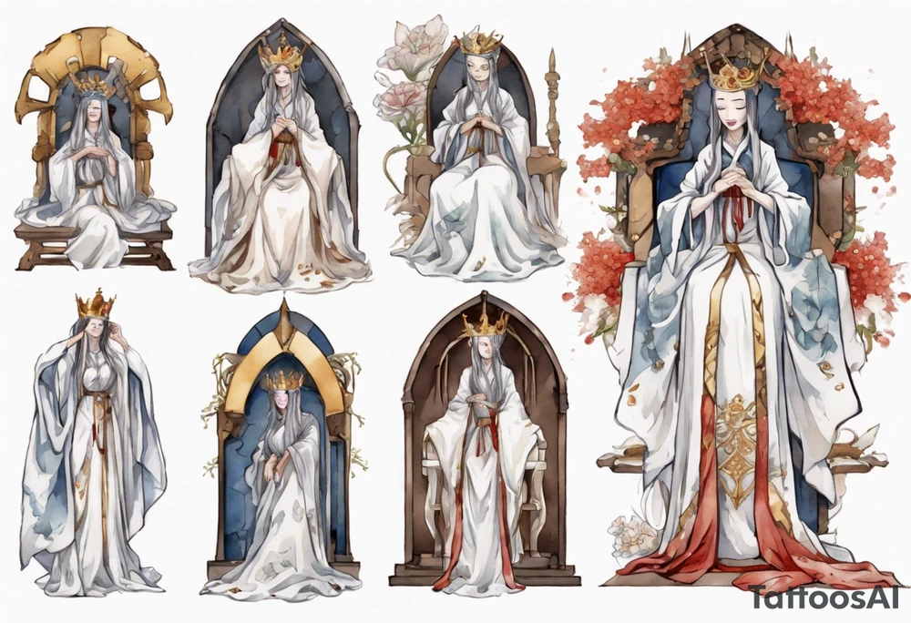 medieval queen dressed in white robes, weeping on throne tattoo idea
