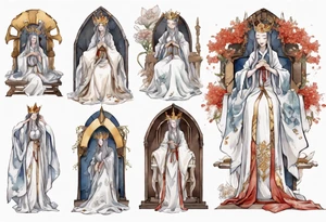 medieval queen dressed in white robes, weeping on throne tattoo idea