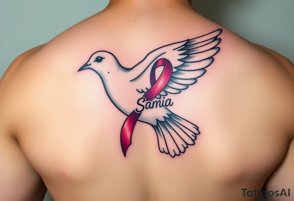 A dove carrying a breast cancer ribbon with the name Samia. tattoo idea