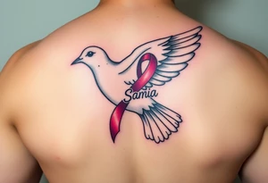 A dove carrying a breast cancer ribbon with the name Samia. tattoo idea
