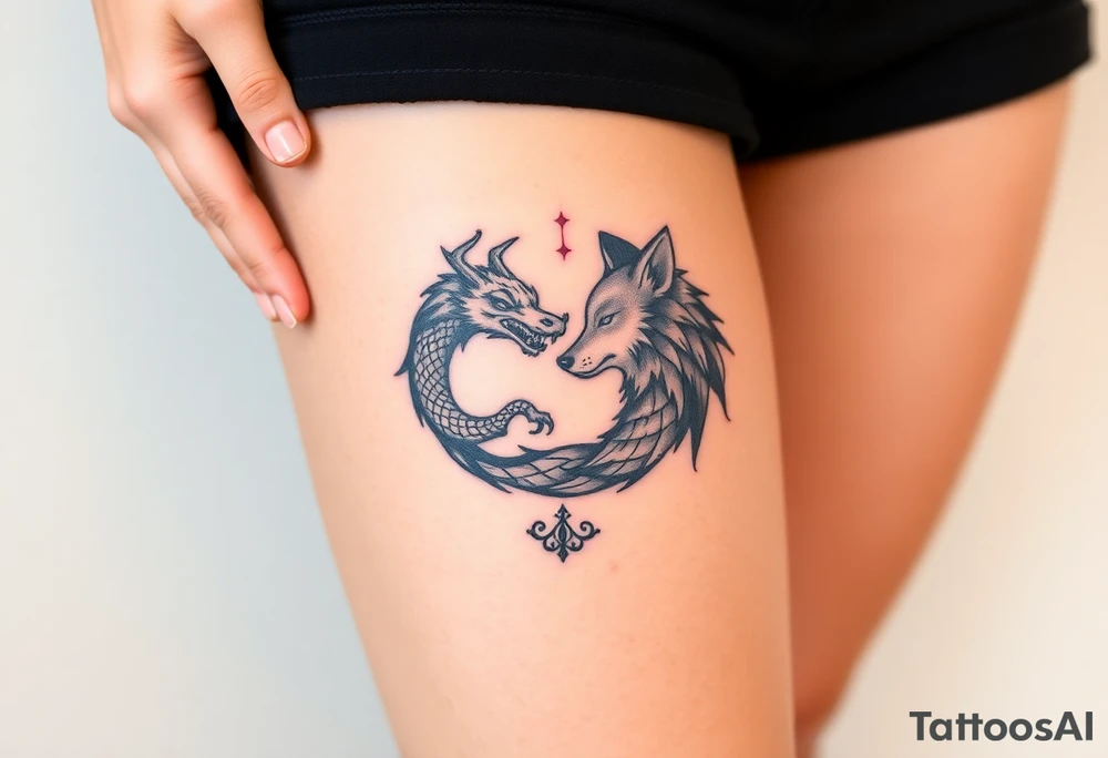 Ying yang symbol with one side a dragon and one side a wolf tattoo idea