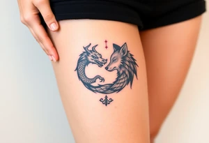 Ying yang symbol with one side a dragon and one side a wolf tattoo idea