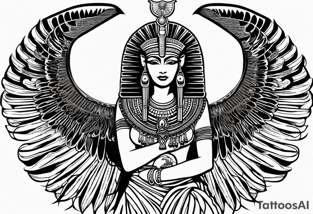 blank and white Egyptian goddess Isis, who is often depicted as a woman with outstretched wings, holding an ankh (a symbol of life) in one hand and a lotus flower in the other. Her headdress often includes a throne or a solar disk. The tattoo design can vary in style and size, but it typically aims to capture the essence of this revered Egyptian deity, emphasizing her beauty, power, and maternal qualities. The choice of colors and additional elements can also be customized to create a unique and visually striking representation of the goddess Isis tattoo idea