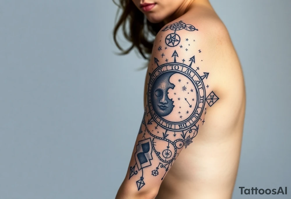 celestial sun and moon with constellation patterns runes in starry sky tattoo idea