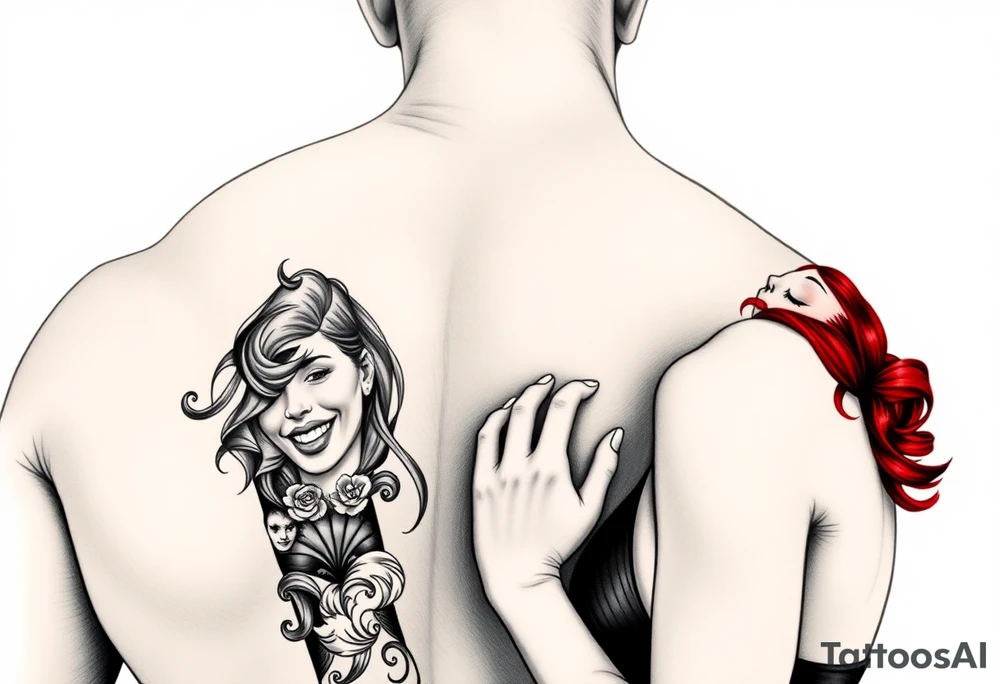 Woman with long red hair and red lipstick with lots of tattoos with  a bald muscular white man with tattoos getting married tattoo idea