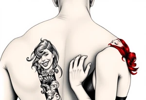 Woman with long red hair and red lipstick with lots of tattoos with  a bald muscular white man with tattoos getting married tattoo idea