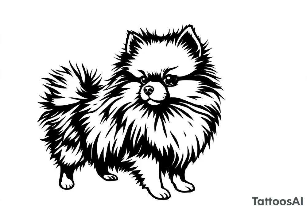 A silhouette stencil style drawing of a cute female Pomeranian tattoo idea