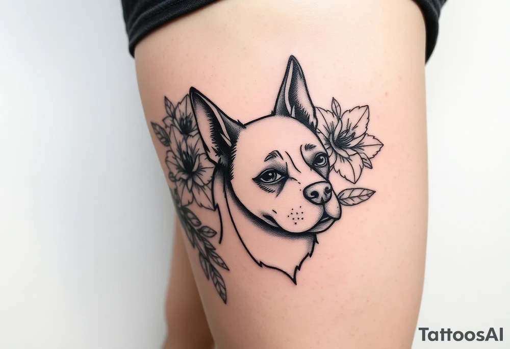 Floral design with peonies with an silhouette outline of a dogs face tattoo idea