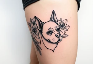 Floral design with peonies with an silhouette outline of a dogs face tattoo idea