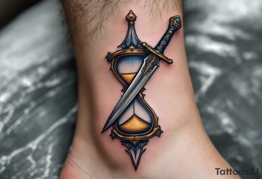 Dagger with Hourglass – A dagger piercing through an hourglass filled with golden sand, symbolizing the passage of time. The blade is dark silver with intricate engravings, while the hourglass frame is rich bronze with glassy blue highlights. tattoo idea