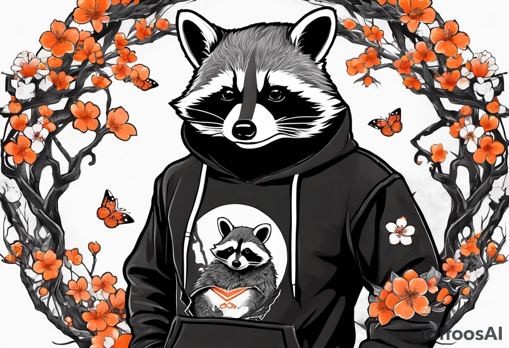 Raccoon wearing a white Superman logo on a black hoodie and orange Japanese cherry blossoms beside tattoo idea