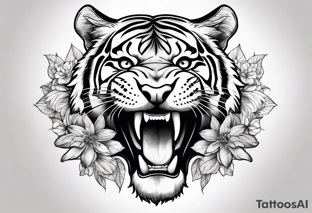 Flower with the middle as an open tiger mouth tattoo idea