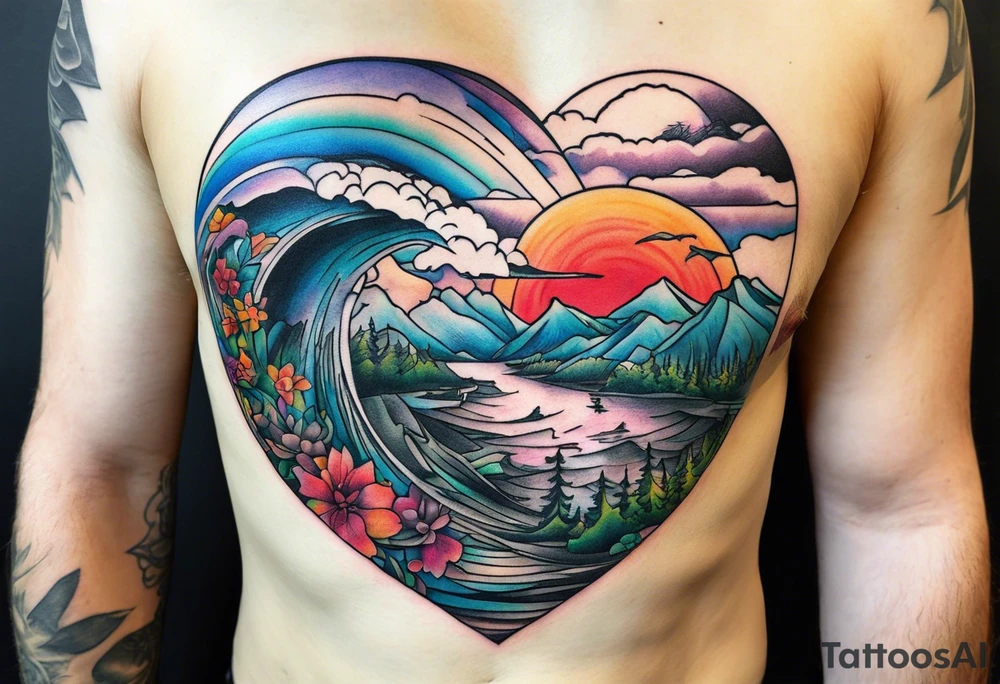 Landscape tattoo that's appear to be ejecting from the skin, symbolizing the freedom. tattoo idea