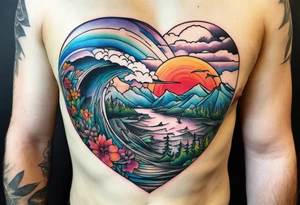 Landscape tattoo that's appear to be ejecting from the skin, symbolizing the freedom. tattoo idea