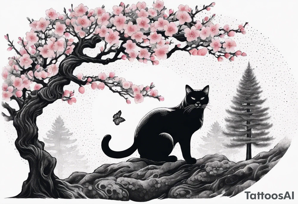 cherry blossom branch meeting with a dying pine tree with hidden cute demon cat tattoo idea