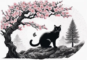 cherry blossom branch meeting with a dying pine tree with hidden cute demon cat tattoo idea