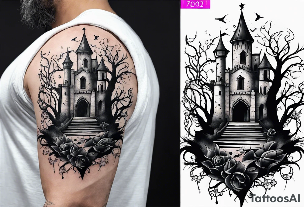 tattoo fool sleeve, old broken gothic castle, tree roots break out of the chains, roses tattoo idea