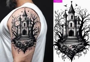 tattoo fool sleeve, old broken gothic castle, tree roots break out of the chains, roses tattoo idea