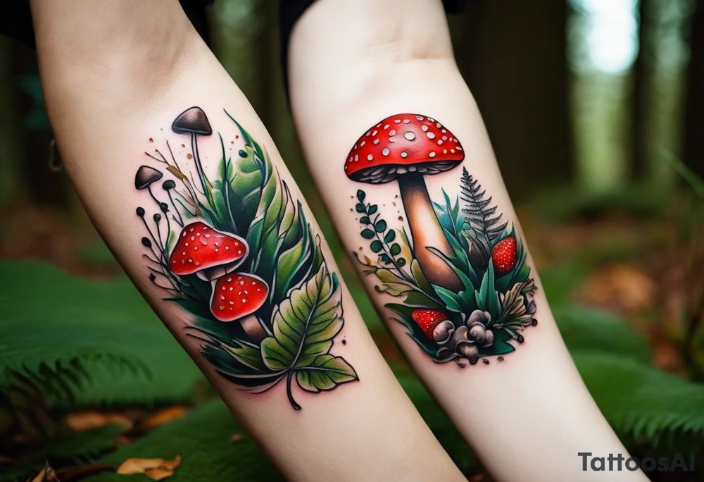 forest floor inspired tattoo, which includes grass, curly ferns and dead leaves as the bulk of the tattoo. details to include: three  tiny strawberries, couple of very small mushrooms, a tiny bumblebee flying nearby tattoo idea