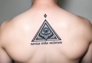 Pyramid with eye in the center, diamond on the top,surrounded by words - novus ordum seclorum tattoo idea