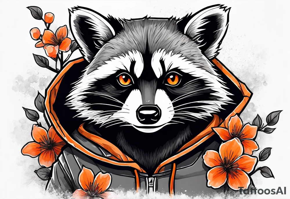 raccoon wearing a black and white Superman hoodie and orange Japanese cherry blossoms tattoo idea