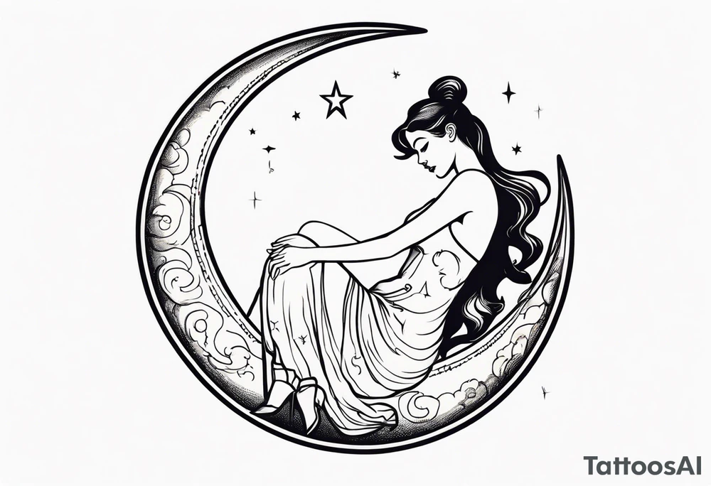Hot woman in dress riding a crescent moon tattoo idea
