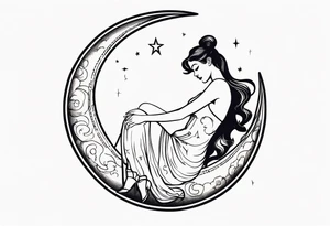 Hot woman in dress riding a crescent moon tattoo idea
