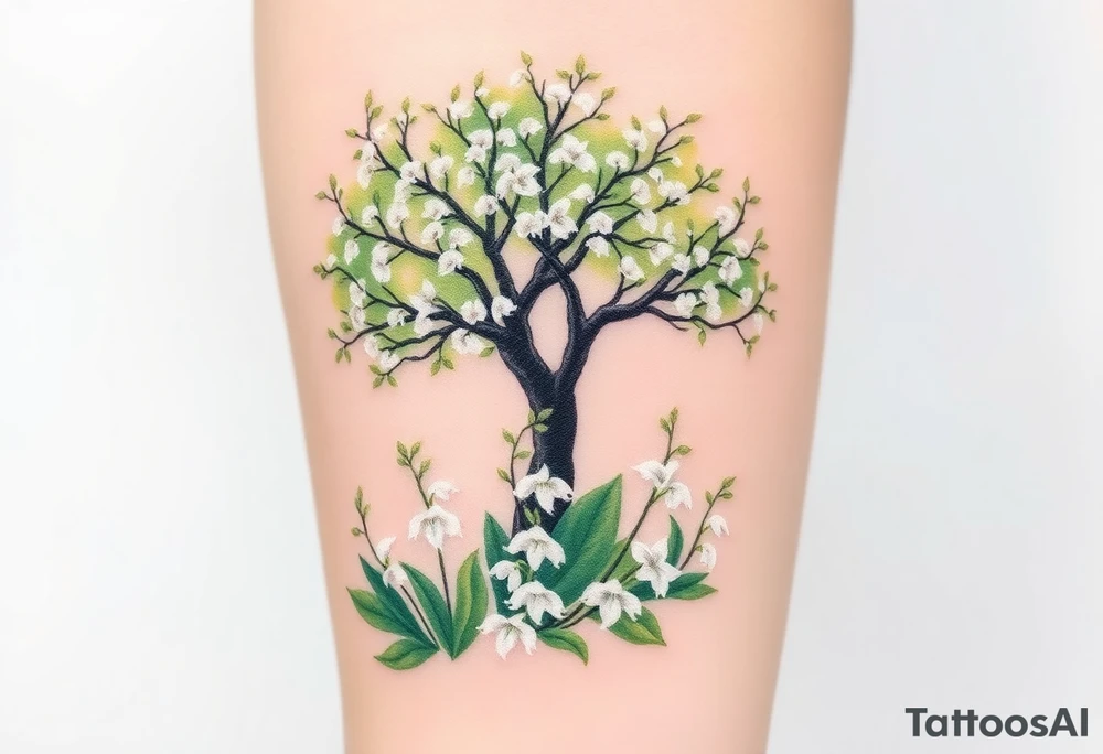 White flowering Lilly of the vally bell plants on the ground underneath a majestic blooming hawthorn tree tattoo idea