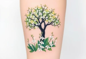 White flowering Lilly of the vally bell plants on the ground underneath a majestic blooming hawthorn tree tattoo idea