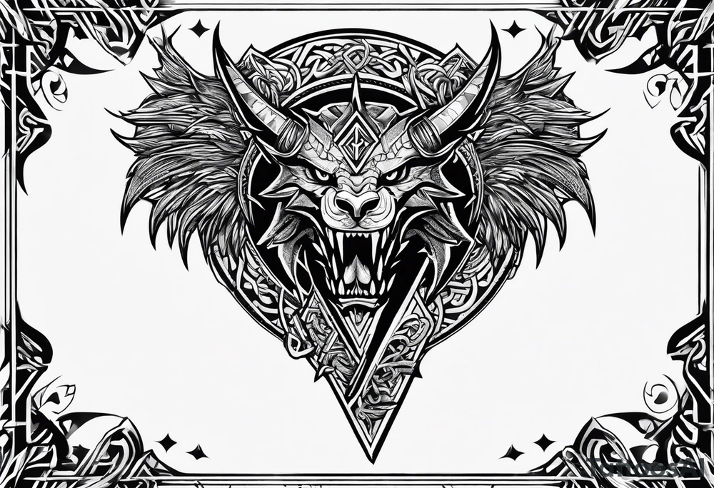 Valhalla sword shield dragon axe Valknut barbed wire chains tribal tattoo idea Valhalla sword shield dragon axe Valknut barbed wire chains tribal tattoo idea