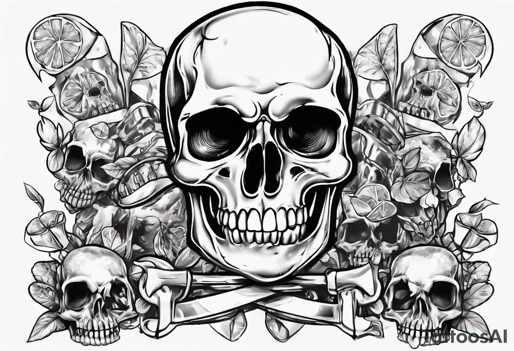 A happy looking to the left scull inside the glass with alcohol and piece of lime tattoo idea