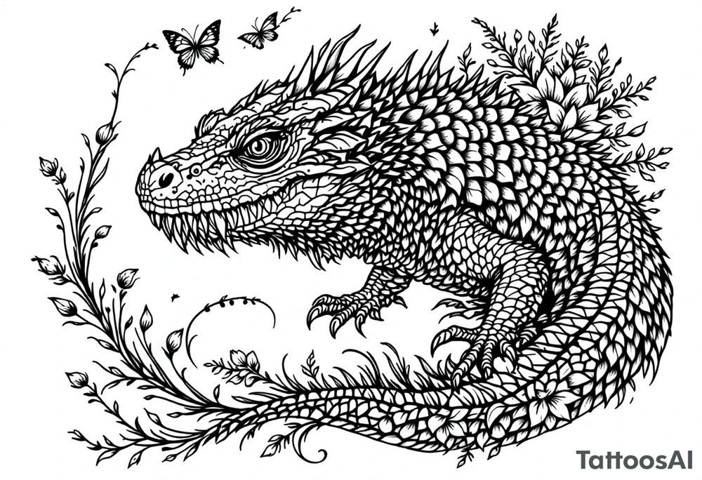 powerful big reptile, surrounded by floral ornaments tattoo idea