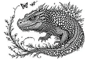 powerful big reptile, surrounded by floral ornaments tattoo idea