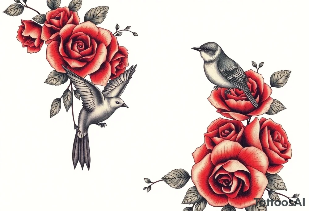 Vintage lace, red roses, red bird, vintage, wrap around, tighter together, no space open tattoo idea