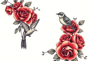 Vintage lace, red roses, red bird, vintage, wrap around, tighter together, no space open tattoo idea