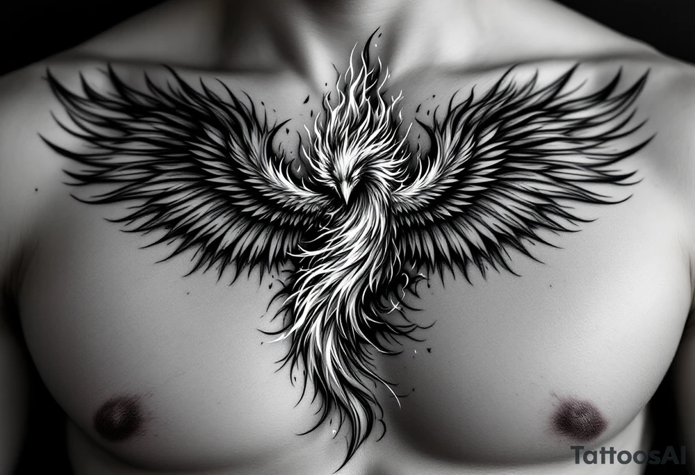 Realistic and symmetrical flaming Phoenix rebirth with spread low wings surrounded by fire mapped onto chest only
Phoenix head must be in the middle of the chest, straight and symmetrical 
Fire should be surrounding spread wings
Wings should be spread low only on chest muscle towards nipples tattoo idea