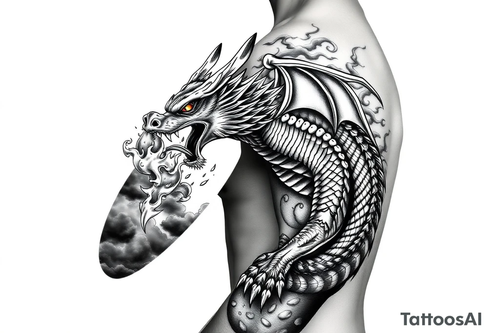fierce dragon breathing iridescent fire against stormy skies tattoo idea