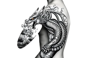 fierce dragon breathing iridescent fire against stormy skies tattoo idea