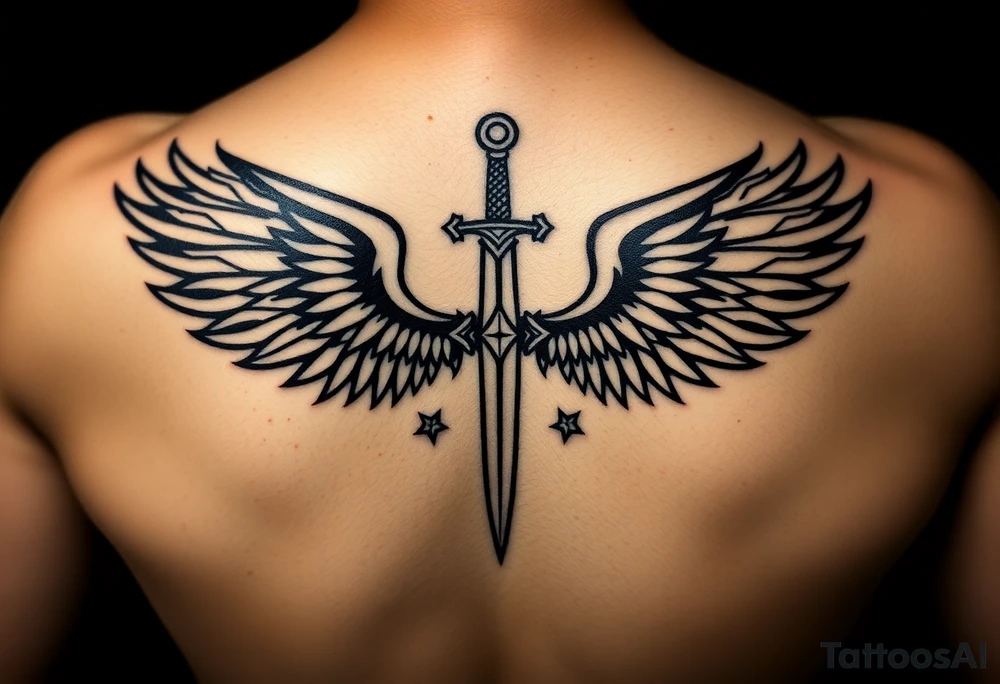 Wings wrapping around surrounding a sword and diamond shaped stars tattoo idea